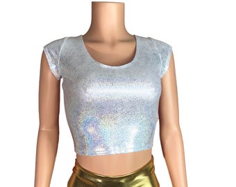 Cap Sleeve Crop Top in Silver Holographic Metallic - Bodycon Clubwear, Rave Wear, Festival Top, Performance Sparkle Shirt