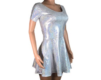 Hologram Short Sleeve Skater fit n flare Dress - Club, Rave, Sexy Mini Dress, Cocktail, Festival Outfit