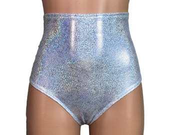 Silver Hologram High Waisted Booty Shorts Hot Pants - club or rave wear - Crossfit - Running- Roller Derby