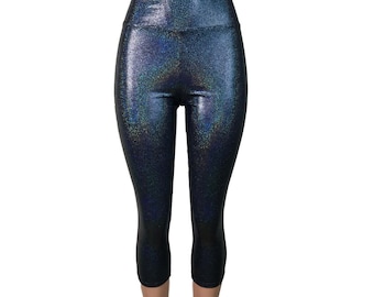 Black Holographic Cropped Capri Leggings Pants  - Yoga, Rave, Festival, EDM, 80s Clothing - High Waisted