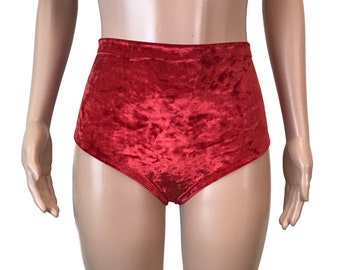Red Crushed Velvet High Waisted Hot Pants - Booty Shorts - Bikini Bottom - Festival or Rave Clothing