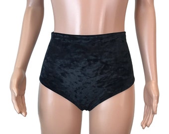 High Waisted Hot Pants - Black Crushed Velvet - Booty Shorts - Bikini Bottom - Festival or Rave Clothing