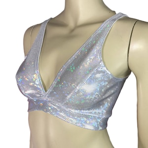 Silver Shattered Glass Holographic Bralette - Rave Wear, Activewear, Running, Yoga, crossfit, festival top