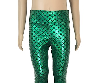 Leggings, disfraz, pantalones holográficos de escamas de sirena verdes para niños
