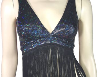Black Holographic Fringe Crop Top Bralette - Rave Wear, Festival Top, Burning Man Top, Boho