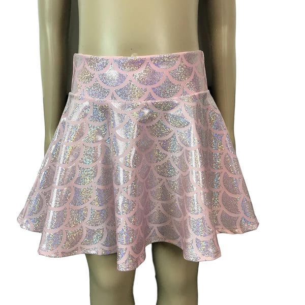 Children's Pink Mermaid Scales Holographic - Skater Skirt, Circle Skirt, Costume Skirt