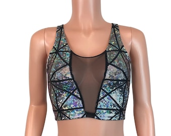 Holographic Mesh Inset Crop Top Tank - Silver Glass Pane - Rave Clothing, Festival Clothes