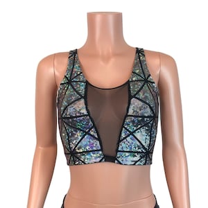 Holographic Mesh Inset Crop Top Tank - Silver Glass Pane - Rave Clothing, Festival Clothes