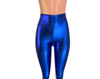 Metallic Blue Leggings Pants - Rave, Festival, EDM, 80s Clothing - High Waisted Funky