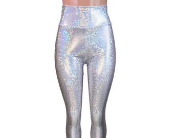 Silver Shattered Glass Holographic High Waisted Leggings Pants - Rave, Festival, EDM, 80s Clothing - High Waisted Funky