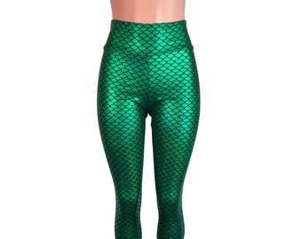 Green Mermaid Scale Holographic High Waisted Leggings Pants - Rave, Festival, EDM, Costume