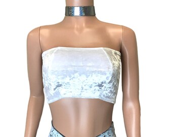 White Crushed Velvet Tube Top - bodycon Clubwear, Rave Wear, Festival Clothing