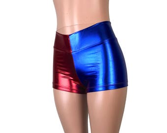 Red/Blue or Red/Black Harlequin Mid-Rise Booty Shorts - club or rave wear - Crossfit - Running - Roller Derby