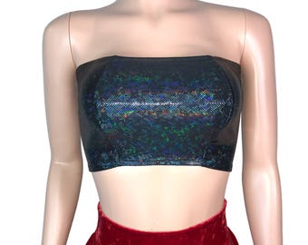 Black Shattered Glass Holographic Tube Top - bodycon Clubwear, Rave Wear, Festival Clothing