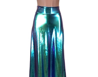 Oil Slick Holographic High Waisted Maxi Skirt - Clubwear, Rave Wear, Mini Circle Skirt