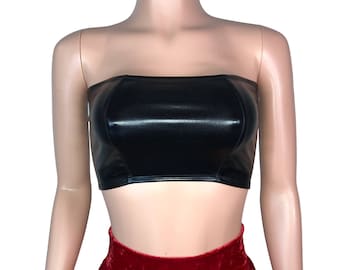 Black Metallic Faux-Leather Wet Look Tube Top - bodycon Clubwear, Rave Wear, Festival Clothing