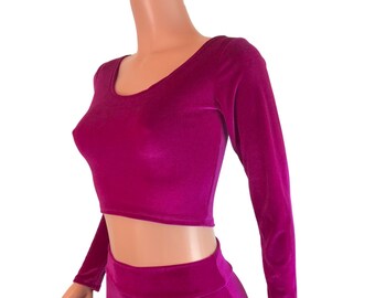 Fuschia Pink Velvet Long Sleeve Crop Top - Bodycon Clubwear, Rave Wear