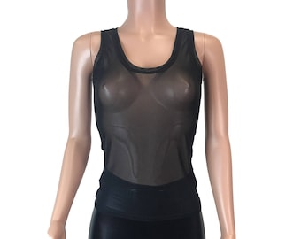 Black Mesh Sheer Tank Top - bodycon Clubwear, Rave Wear, Activewear, Running, Yoga, crossfit