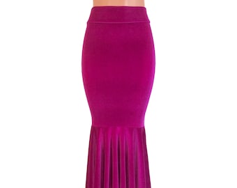 Fuchsia Pink Velvet Mermaid Long Fit and Flare High Waisted Maxi Skirt