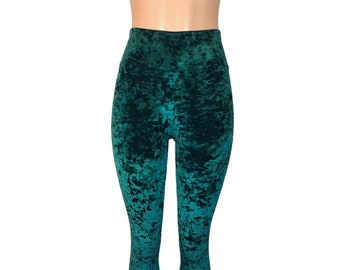 Hunter Green Crushed Velvet High Waisted Leggings Pants - Rave, Festival, EDM, 80s Clothing