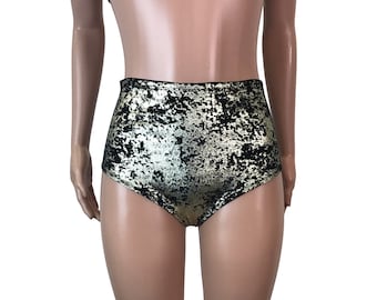 Gunmetal Metallic on Black Velvet High Waisted Hot Pants - Booty Shorts - Bikini Bottom - Rave Wear, Festival Outfit
