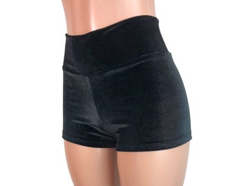 Black Velvet High Waisted Booty Shorts - club or rave wear - Crossfit - Running