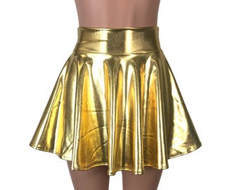 Gold Metallic High Waisted Skater Skirt - Clubwear, Rave Wear, Mini Circle Skirt
