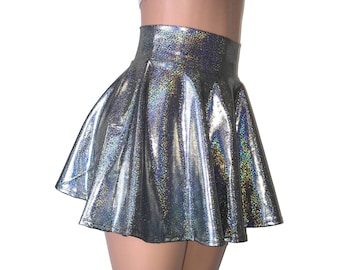 Gleaming SIlver on Black High Waisted Skater Skirt Metallic - Clubwear, Rave Wear, Mini Circle Skirt