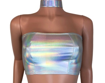 Opal Holographic Tube Top Bandeau - bodycon Clubwear, Rave Wear, Festival Clothing