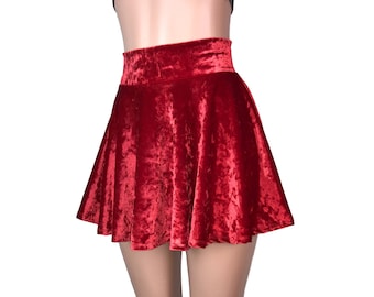 Red Crushed Velvet High Waisted Skater Skirt - Clubwear, Rave Wear, Mini Circle Skirt, Santa Skirt