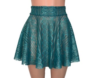 Teal Metallic Lace High Waisted Skater Skirt - Clubwear, Rave Wear, Mini Circle Skirt