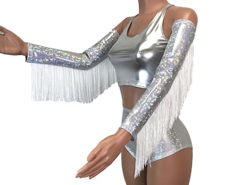 Holographic Fringe Silver Shattered Glass Arm Sleeves, Rave Arm Warmers, Burning Man Festival