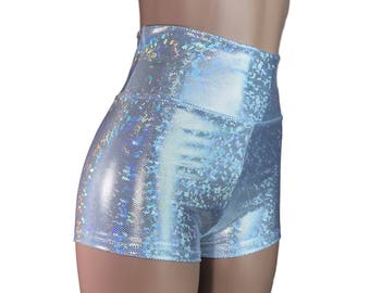 Silver Shattered Glass Holographic High Waisted Booty Shorts - club or rave wear - Crossfit - Running