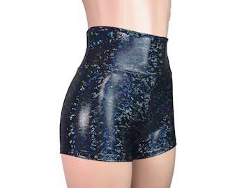 Black Shattered Glass Holographic High Waisted Booty Shorts - club or rave wear - Crossfit - Running