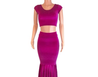 Fuschia Pink Velvet Outfit - Mermaid Long Fit and Flare High Waisted Maxi Skirt and Cap Sleeve Crop Top