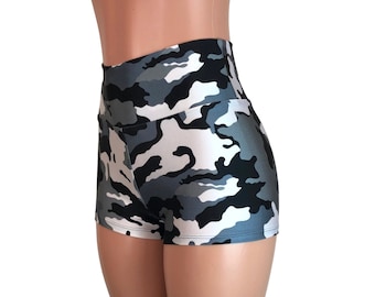 Pantalones cortos de botín de talle alto de camuflaje negro/blanco - ropa de club o rave - Crossfit - Running