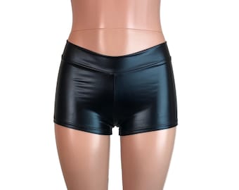 Low Rise Booty Shorts - *Black Metallic* Wet Look Rave Shorts - Faux Leather Festival Shorts - Pole Fitness - Aerial Performance