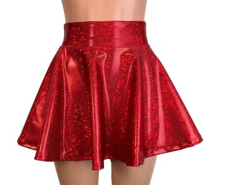 Red Shattered Glass Holographic High Waisted Skater Skirt - Clubwear, Rave Wear, Mini Circle Skirt