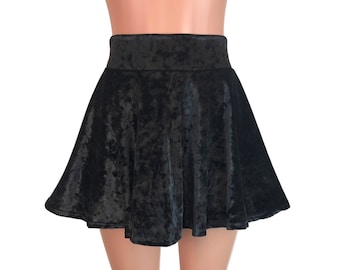 Falda skater de talle alto de terciopelo triturado negro - Clubwear, Rave Wear, minifalda circular, falda de Papá Noel