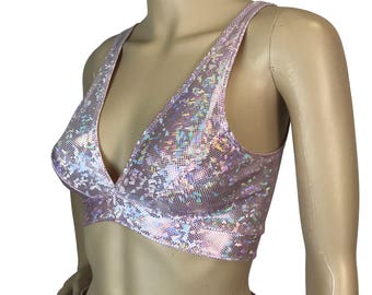 Blush Pink Shattered Glass Holographic Bralette - Rave Wear, Activewear, Running, Yoga, crossfit, festival top