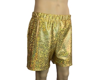 Men's Gold Shattered Glass Holographic Shorts W/ Pockets - Rave Shorts