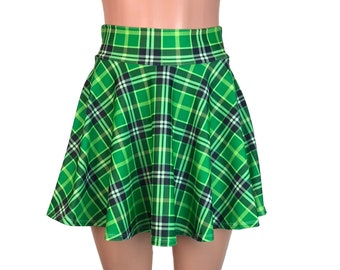 Green Plaid High Waisted Skater Skirt- Clubwear, Rave Wear, Mini Circle Skirt