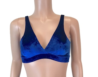 Blue Crushed Velvet Bralette - Rave Wear, festival top, burning man