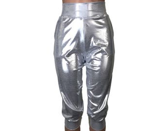 Metallic Silver Joggers w/ Pockets - High Waisted Jogger Pants - Rave, Festival, EDM, Running, Yoga