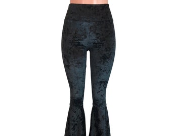 Black Crushed Velvet Bell Bottom Pants High-Waisted - Rave, Festival, EDM, 80s Clothing