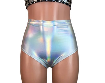 High Waisted Bikini Hot Pants *Opal Holographic* - Booty Shorts - Bikini Bottom - Festival or Rave Clothing