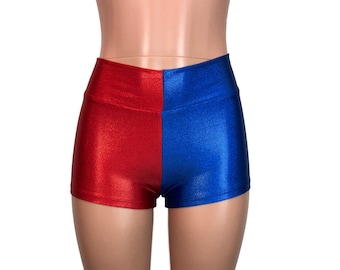 Red/Blue or Red/Black Harlequin *Mystique Metallic *Mid-Rise Booty Shorts - Crossfit - Running - Roller Derby