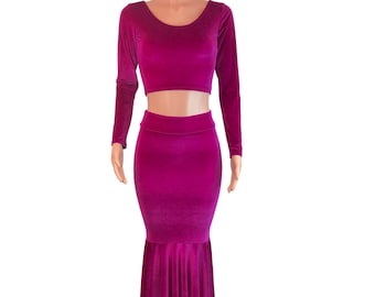 Pink Fuchsia Velvet Mermaid Outfit | Glamour Long Fit and Flare High Waisted Maxi Skirt and Long Sleeve Crop Top