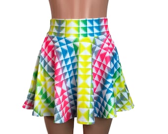 High Waist Skater Skirt - Neon Tetris Spandex - Rave Outfit, Circle Skirt, 80s Clothing