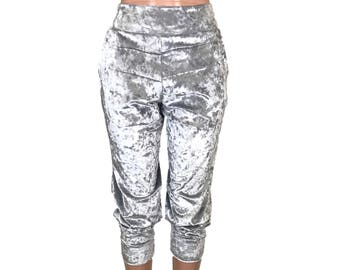 Silver Crushed Velvet Joggers w/ Pockets - High Waisted Jogger Pants - Rave, Festival, EDM, Running, Yoga